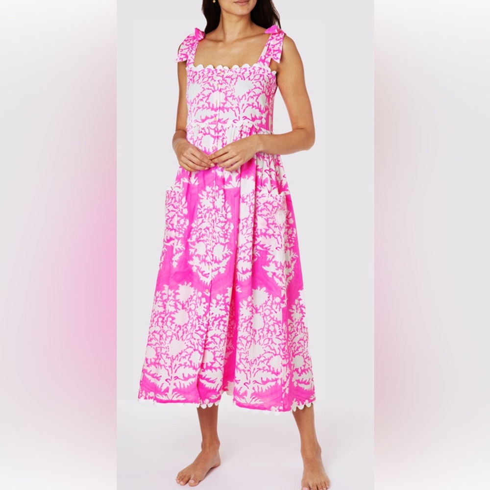 **NWT** Juliet Dunn Tie Shoulder Palladio Print Dress, Fuchsia.
